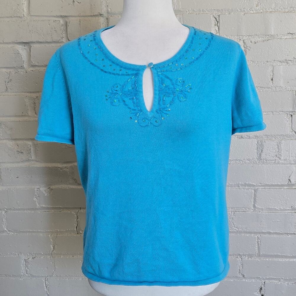 Vintage Icy Blue Beaded Coquette Knit Top ┃Sag Harbor┃Large┃Colorful Spring Vibe